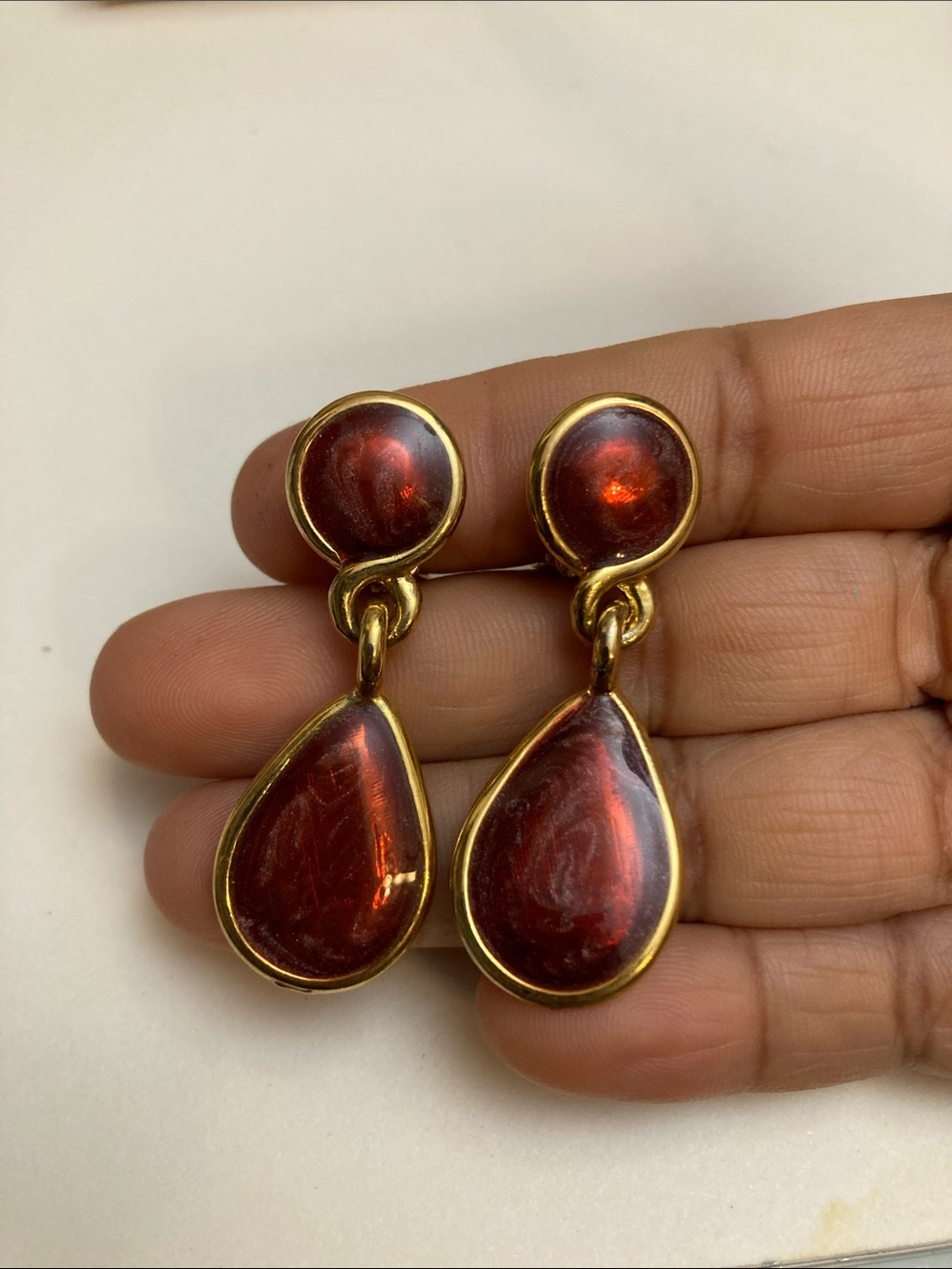 Vintage Gold Tone and Red Door Knocker Style Dangle Drop Clip On Earrings